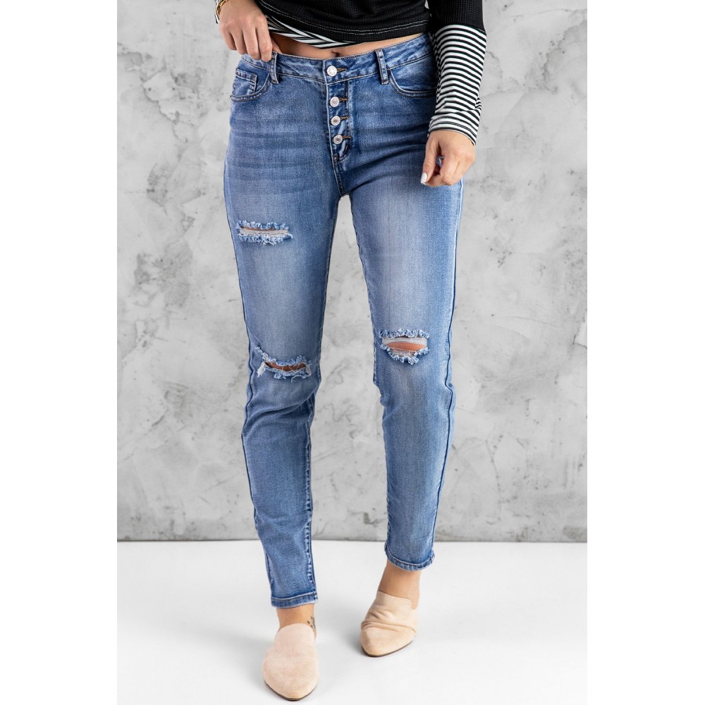 Blue Hollow Out Button-fly Distressed Jeans Blue Hollow Out Button-fly Distressed Jeans