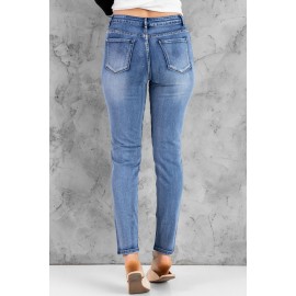 Blue Hollow Out Button-fly Distressed Jeans Blue Hollow Out Button-fly Distressed Jeans