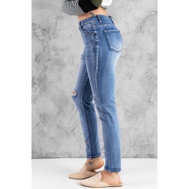 Blue Hollow Out Button-fly Distressed Jeans Blue Hollow Out Button-fly Distressed Jeans