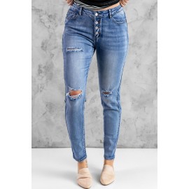Blue Hollow Out Button-fly Distressed Jeans Blue Hollow Out Button-fly Distressed Jeans