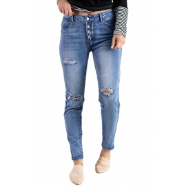 Blue Hollow Out Button-fly Distressed Jeans Blue Hollow Out Button-fly Distressed Jeans