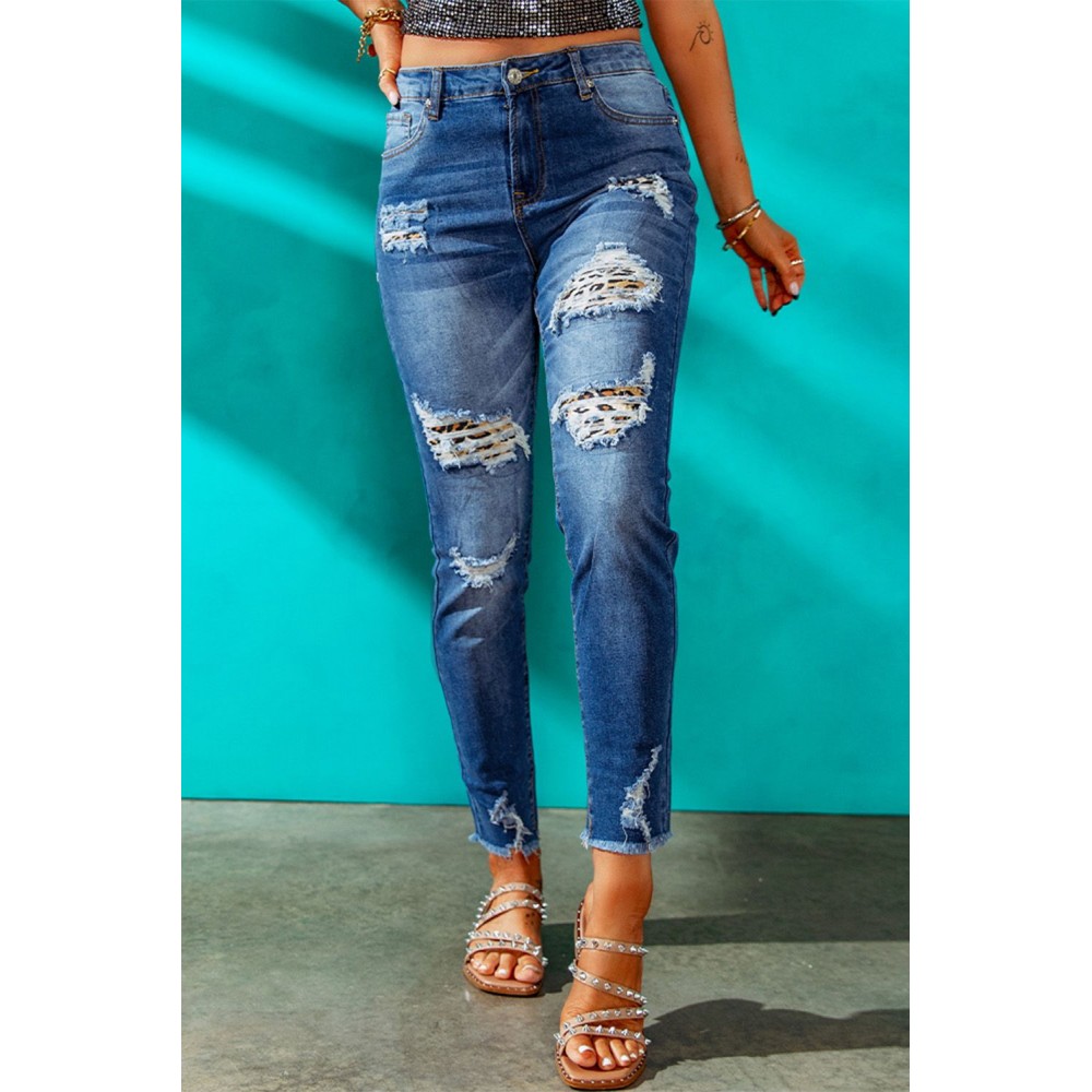 Dark Blue Washed Skinny Jeans with Distressed Leopard Print Dark Blue Washed Skinny Jeans with Distressed Leopard Print