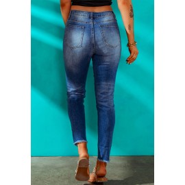 Dark Blue Washed Skinny Jeans with Distressed Leopard Print Dark Blue Washed Skinny Jeans with Distressed Leopard Print