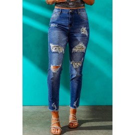 Dark Blue Washed Skinny Jeans with Distressed Leopard Print Dark Blue Washed Skinny Jeans with Distressed Leopard Print