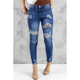 Dark Blue Washed Skinny Jeans with Distressed Leopard Print Dark Blue Washed Skinny Jeans with Distressed Leopard Print