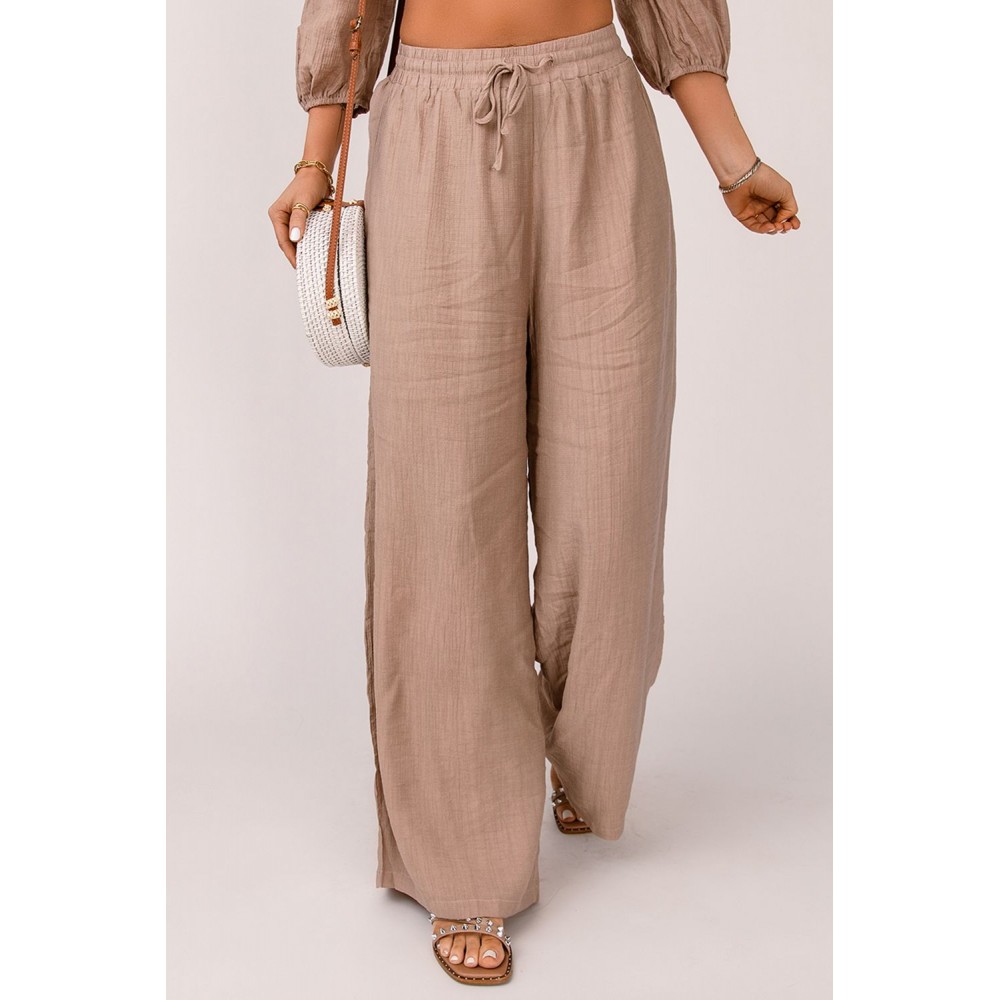 Khaki High Waist Drawstring Wide Leg Casual Pants Khaki High Waist Drawstring Wide Leg Casual Pants