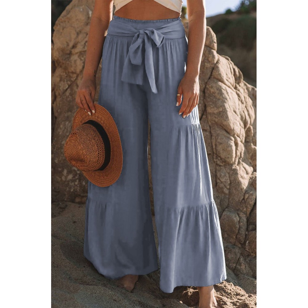 Blue Smocked Waist Palazzo Pants with Tie Blue Smocked Waist Palazzo Pants with Tie
