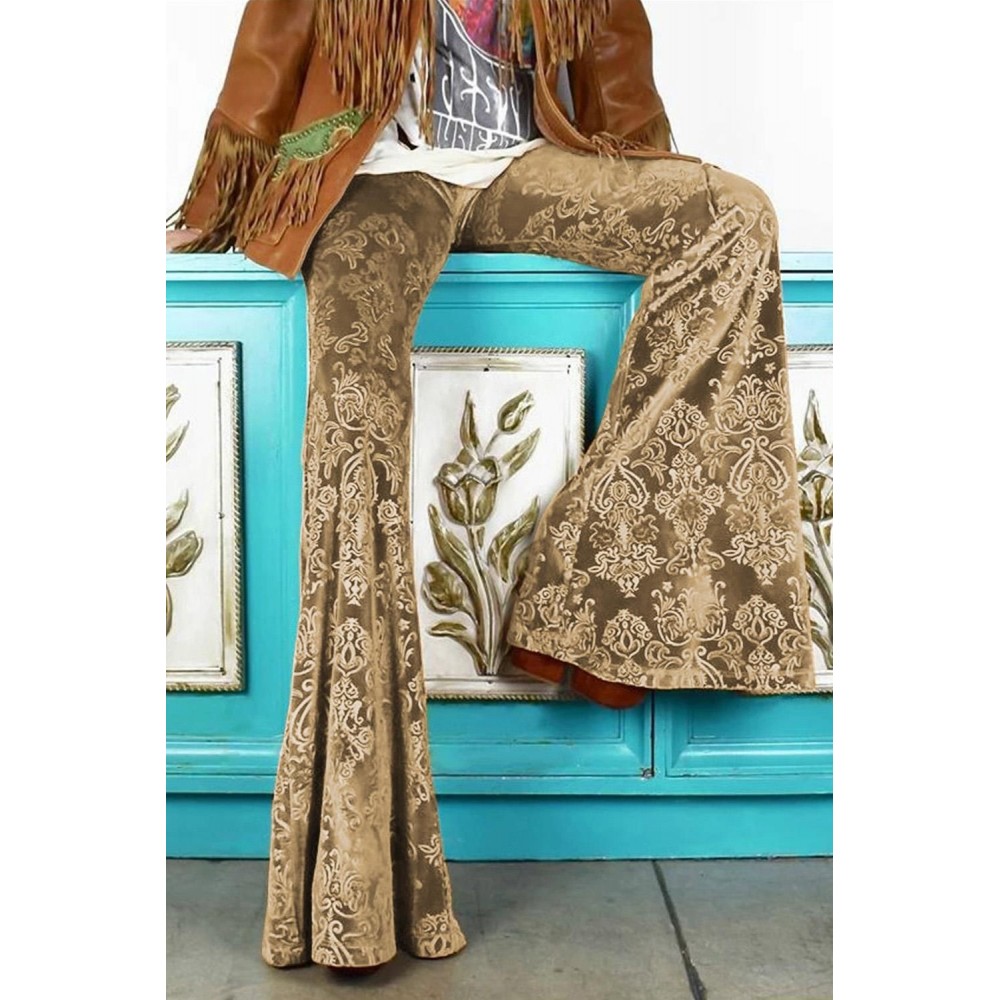 Brown Floral Velvet Baroque Flare Pants Brown Floral Velvet Baroque Flare Pants