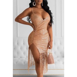 Rose Gold Sequins Ruched Slit Fringe Dress Rose Gold Sequins Ruched Slit Fringe Dress