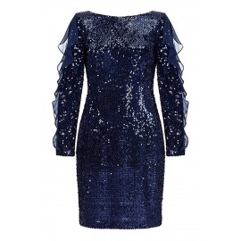 Sequin Frilled Long Sleeve Knee Length Dress Sequin Frilled Long Sleeve Knee Length Dress
