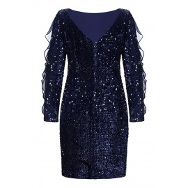 Sequin Frilled Long Sleeve Knee Length Dress Sequin Frilled Long Sleeve Knee Length Dress