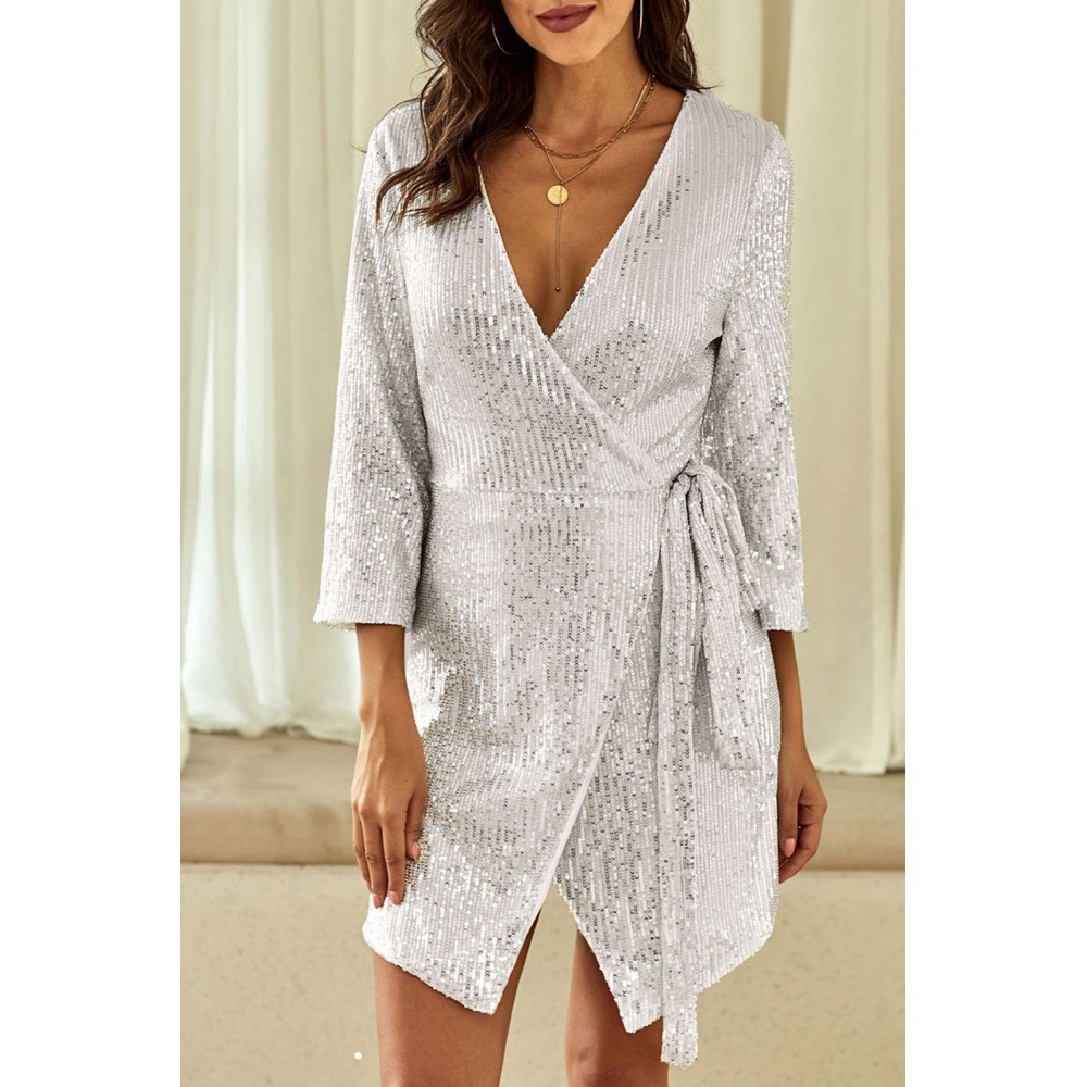 Silver Sequin Wrap Dress with Sash Silver Sequin Wrap Dress with Sash