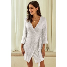 Silver Sequin Wrap Dress with Sash Silver Sequin Wrap Dress with Sash