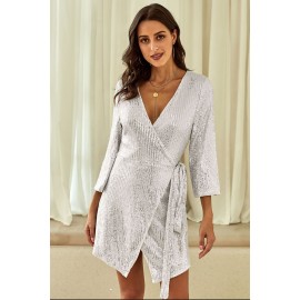 Silver Sequin Wrap Dress with Sash Silver Sequin Wrap Dress with Sash