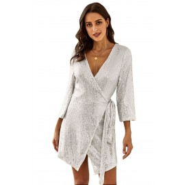Silver Sequin Wrap Dress with Sash Silver Sequin Wrap Dress with Sash