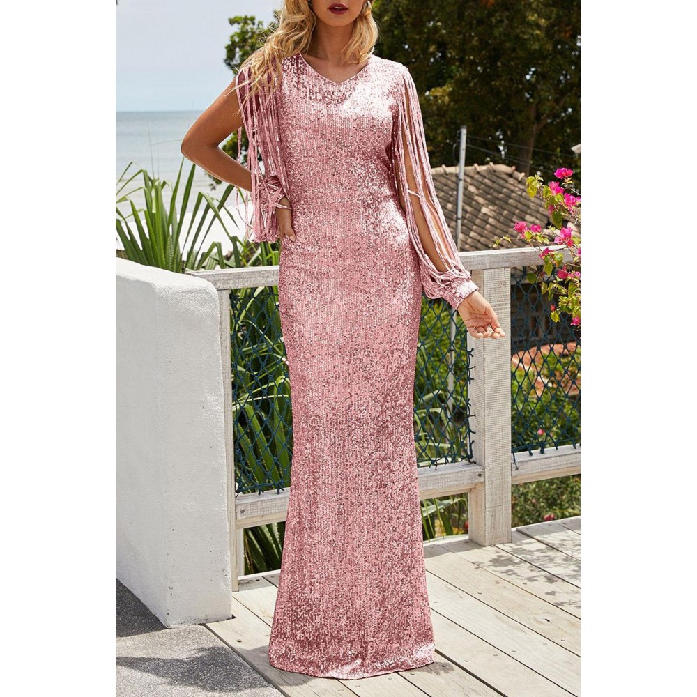 Pink Sequin Fringe Sleeve Prom Maxi Dress Pink Sequin Fringe Sleeve Prom Maxi Dress