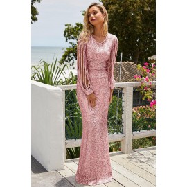 Pink Sequin Fringe Sleeve Prom Maxi Dress Pink Sequin Fringe Sleeve Prom Maxi Dress