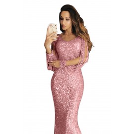 Pink Sequin Fringe Sleeve Prom Maxi Dress Pink Sequin Fringe Sleeve Prom Maxi Dress