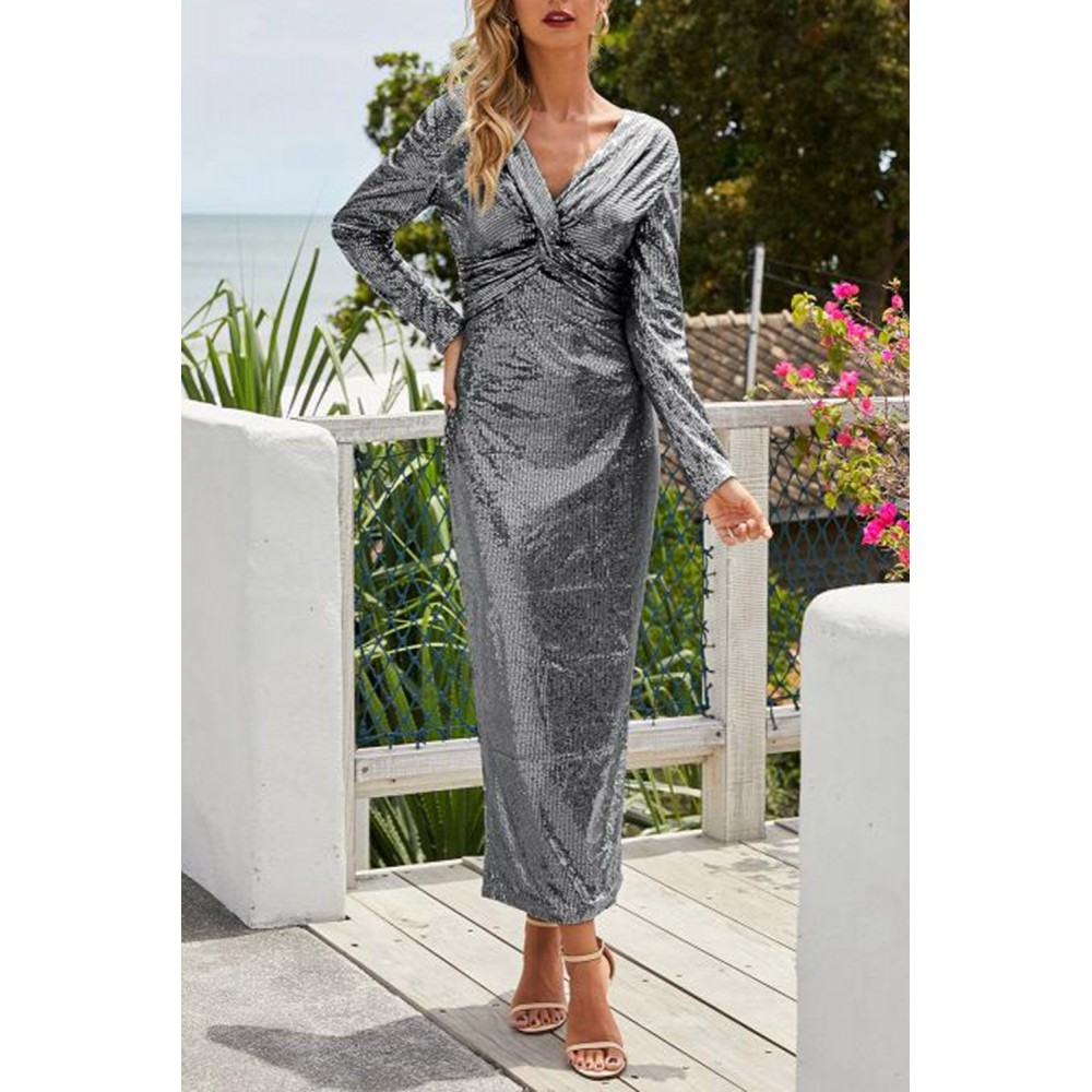 Silver Long Sleeve V Neck Twist Ruched Sequin Prom Maxi Dress Silver Long Sleeve V Neck Twist Ruched Sequin Prom Maxi Dress