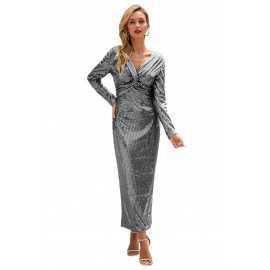 Silver Long Sleeve V Neck Twist Ruched Sequin Prom Maxi Dress Silver Long Sleeve V Neck Twist Ruched Sequin Prom Maxi Dress