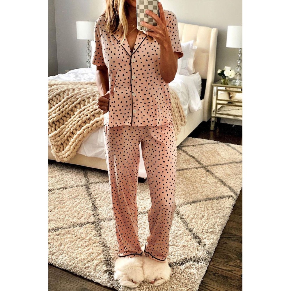 Pink Dotted Print Notched Collar Pajamas Set Pink Dotted Print Notched Collar Pajamas Set