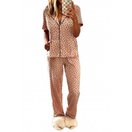 Pink Dotted Print Notched Collar Pajamas Set Pink Dotted Print Notched Collar Pajamas Set