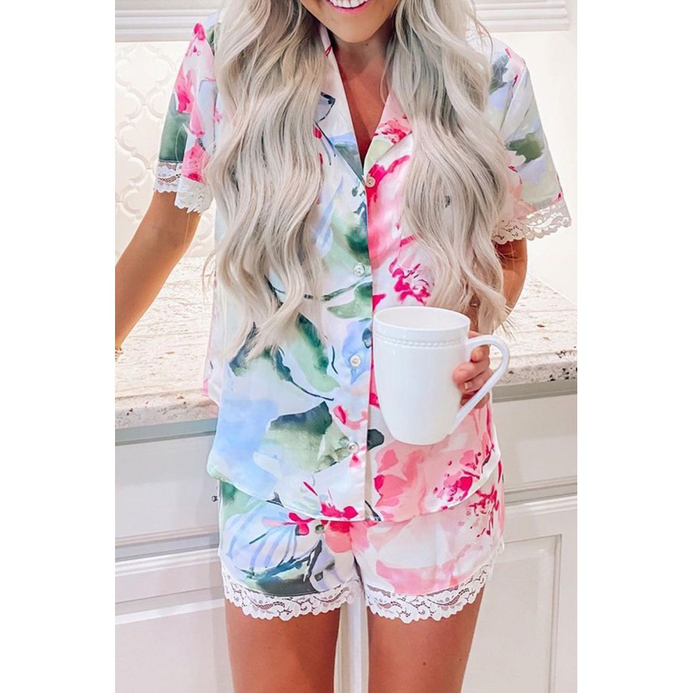 Multicolor Floral Print Lapel Button Shirt Shorts Pajamas Set Multicolor Floral Print Lapel Button Shirt Shorts Pajamas Set