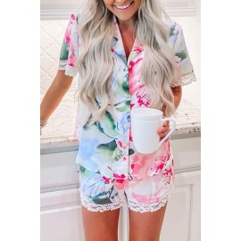 Multicolor Floral Print Lapel Button Shirt Shorts Pajamas Set Multicolor Floral Print Lapel Button Shirt Shorts Pajamas Set