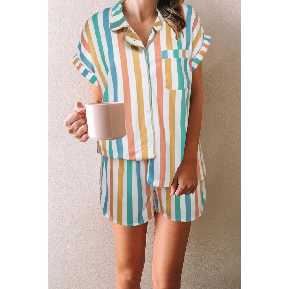 Multicolor Striped Turn-down Collared Pajamas Set Multicolor Striped Turn-down Collared Pajamas Set