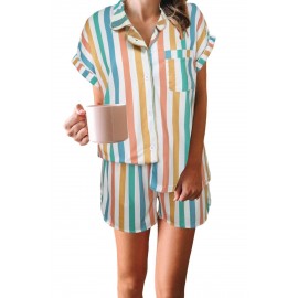Multicolor Striped Turn-down Collared Pajamas Set Multicolor Striped Turn-down Collared Pajamas Set
