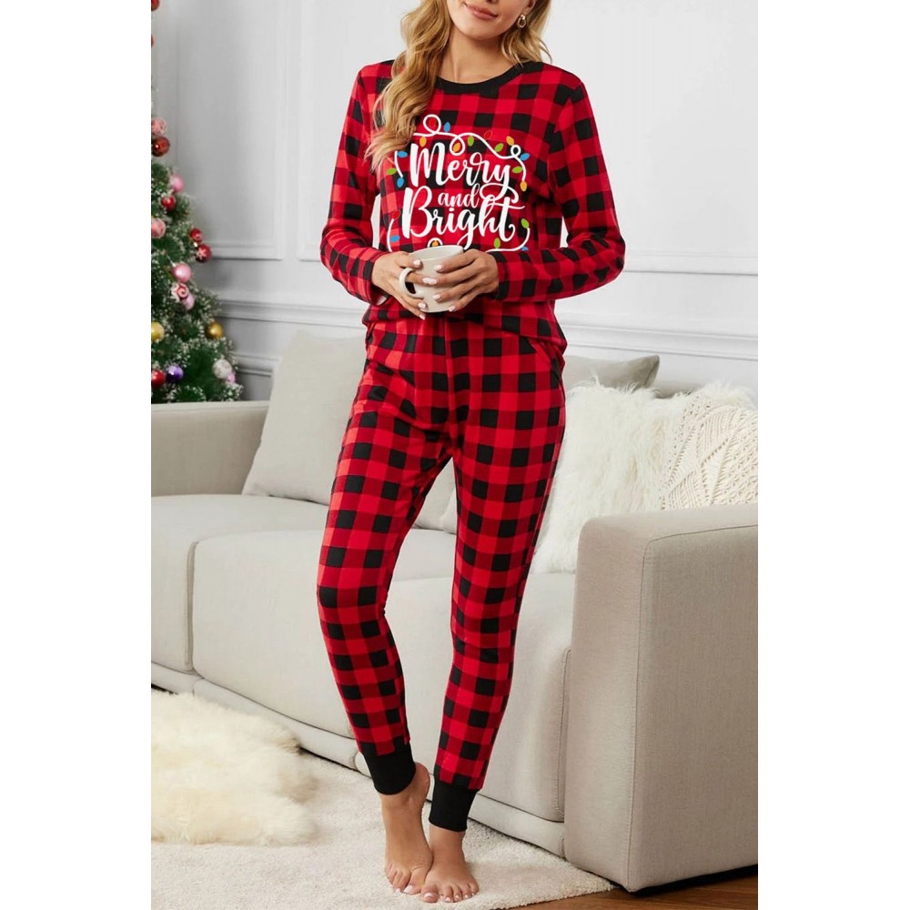 Christmas Plaid Letter Print Long Sleeve Top and Pants Loungewear Christmas Plaid Letter Print Long Sleeve Top and Pants Loungewear
