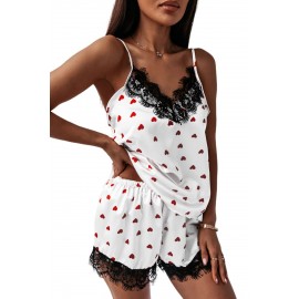 White Lacy V Neck Valentine Heart Print Pajamas Set White Lacy V Neck Valentine Heart Print Pajamas Set