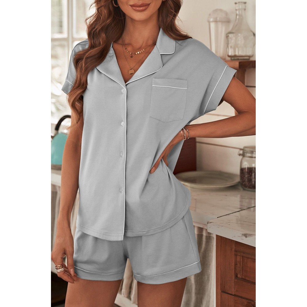 Gray Buttoned Short Sleeve Shirt and Shorts Pajamas Set Gray Buttoned Short Sleeve Shirt and Shorts Pajamas Set