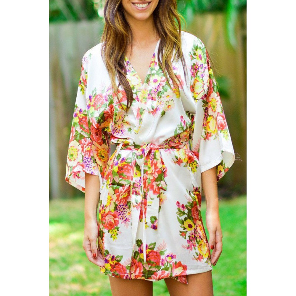 White Floral Bundles Robe with Belt White Floral Bundles Robe with Belt