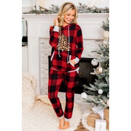 Christmas Plaid Leopard Print Pocket Hoodie and Slim-fit Pants Set Christmas Plaid Leopard Print Pocket Hoodie and Slim-fit Pants Set