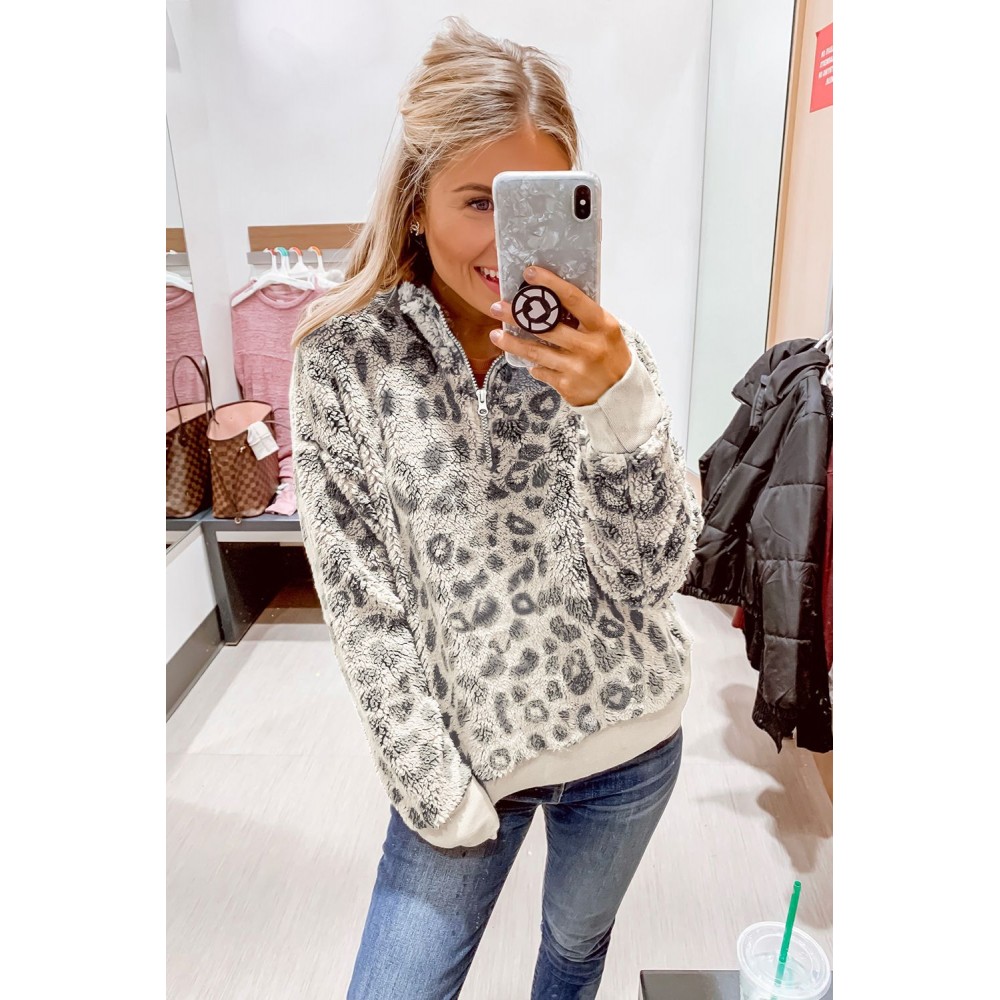 Leopard Print 1/4 Zip Elastic Cuff Sherpa Pullover Leopard Print 1/4 Zip Elastic Cuff Sherpa Pullover