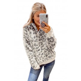 Leopard Print 1/4 Zip Elastic Cuff Sherpa Pullover Leopard Print 1/4 Zip Elastic Cuff Sherpa Pullover