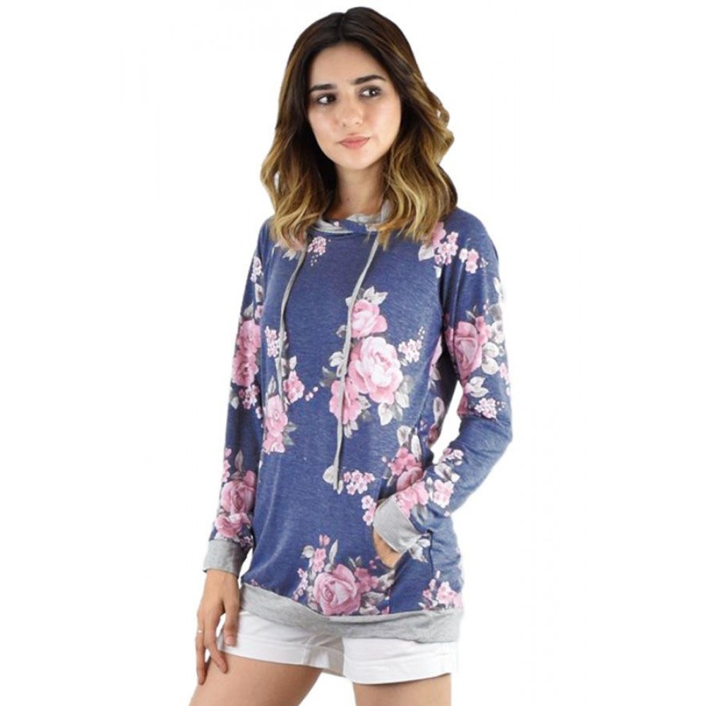 Navy Pink Floral Drawstring Hoodie Navy Pink Floral Drawstring Hoodie