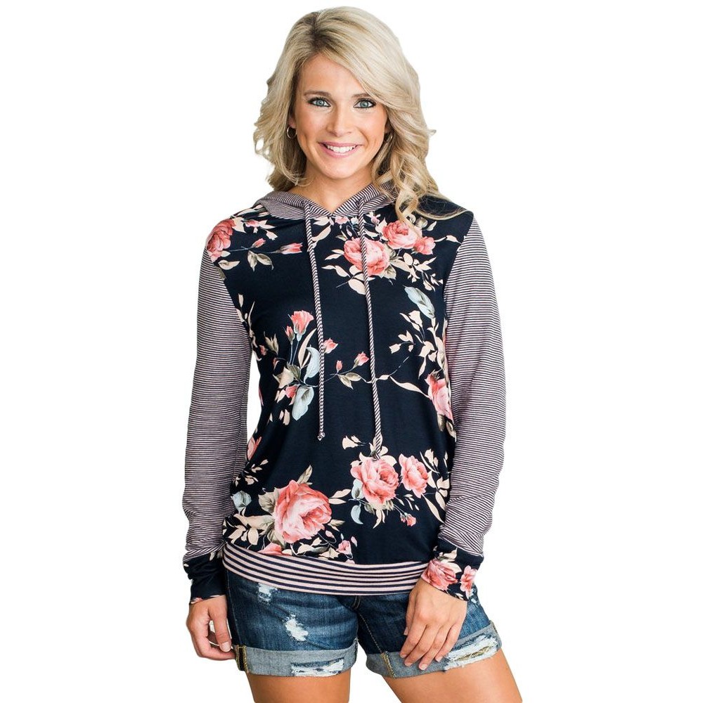 Dark Blue Pinstripe Accent Floral Print Drawstring Hoodie Dark Blue Pinstripe Accent Floral Print Drawstring Hoodie