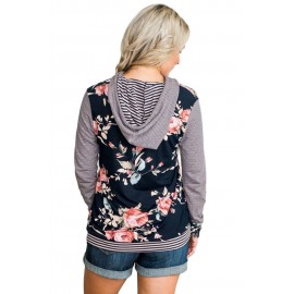 Dark Blue Pinstripe Accent Floral Print Drawstring Hoodie Dark Blue Pinstripe Accent Floral Print Drawstring Hoodie