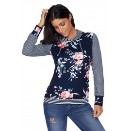 Dark Blue Pinstripe Accent Floral Print Drawstring Hoodie Dark Blue Pinstripe Accent Floral Print Drawstring Hoodie
