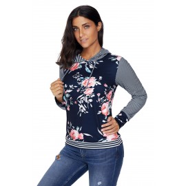 Dark Blue Pinstripe Accent Floral Print Drawstring Hoodie Dark Blue Pinstripe Accent Floral Print Drawstring Hoodie