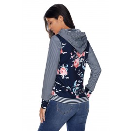 Dark Blue Pinstripe Accent Floral Print Drawstring Hoodie Dark Blue Pinstripe Accent Floral Print Drawstring Hoodie