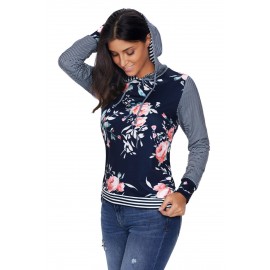 Dark Blue Pinstripe Accent Floral Print Drawstring Hoodie Dark Blue Pinstripe Accent Floral Print Drawstring Hoodie