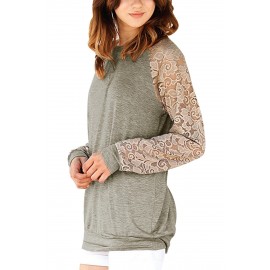 Lace Raglan Sleeve Grey Casual Sweatshirt Lace Raglan Sleeve Grey Casual Sweatshirt