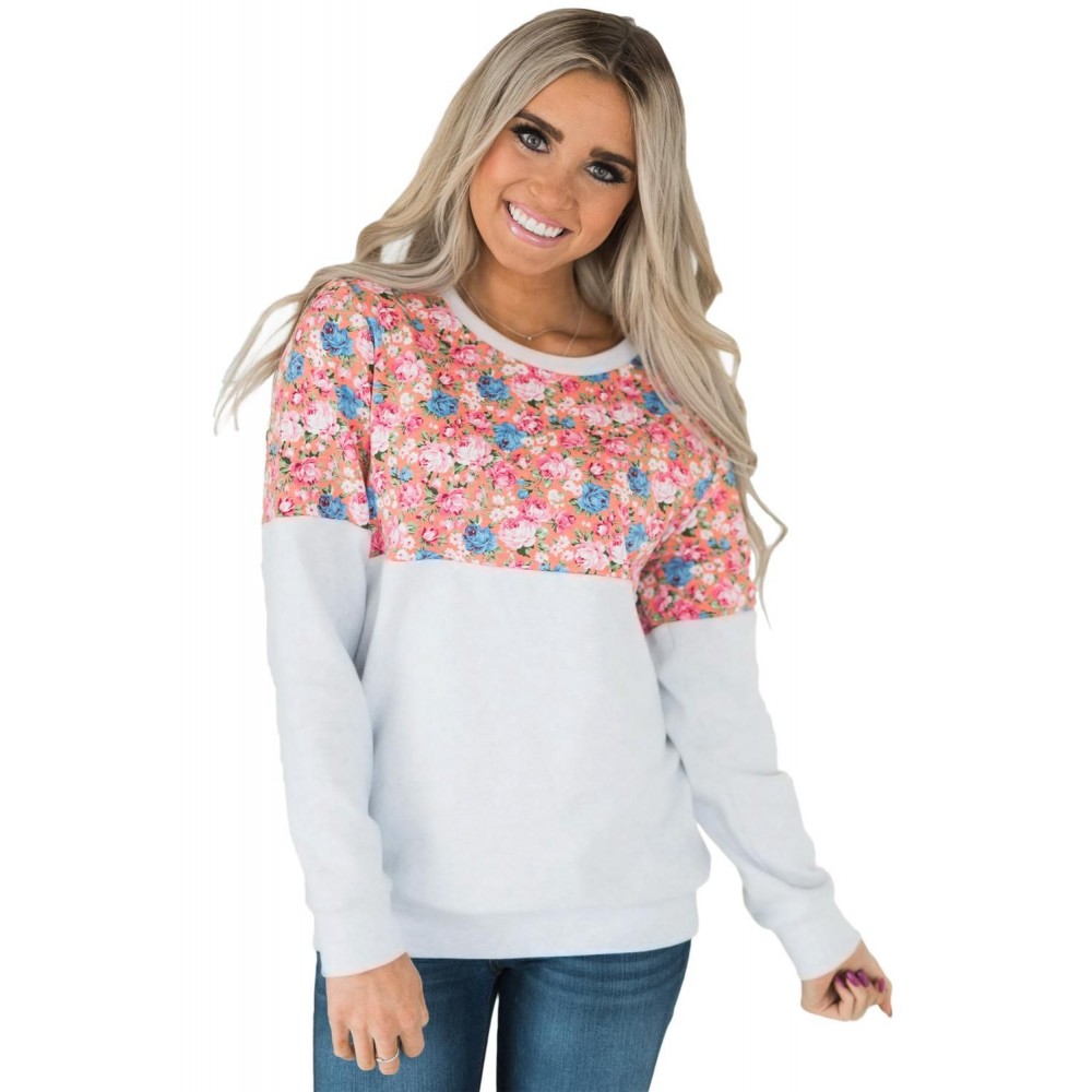 Floral Patchwork White Long Sleeve Sweatshirt Floral Patchwork White Long Sleeve Sweatshirt