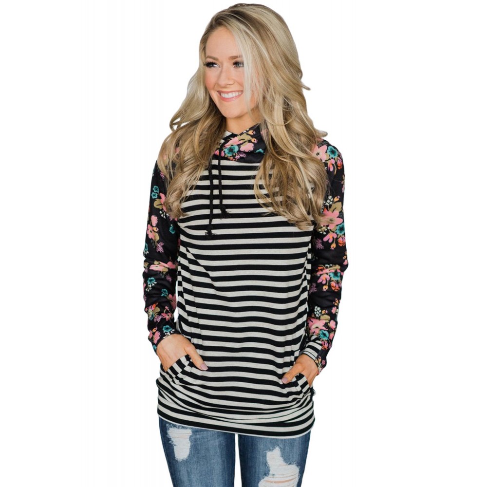 Floral Splice Black Striped Drawstring Hoodie Floral Splice Black Striped Drawstring Hoodie