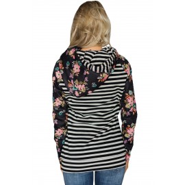Floral Splice Black Striped Drawstring Hoodie Floral Splice Black Striped Drawstring Hoodie