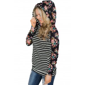 Floral Splice Black Striped Drawstring Hoodie Floral Splice Black Striped Drawstring Hoodie