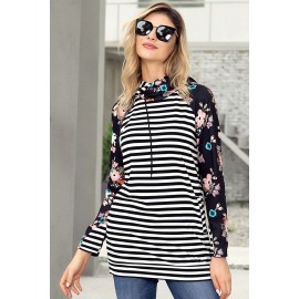Floral Splice Black Striped Drawstring Hoodie Floral Splice Black Striped Drawstring Hoodie